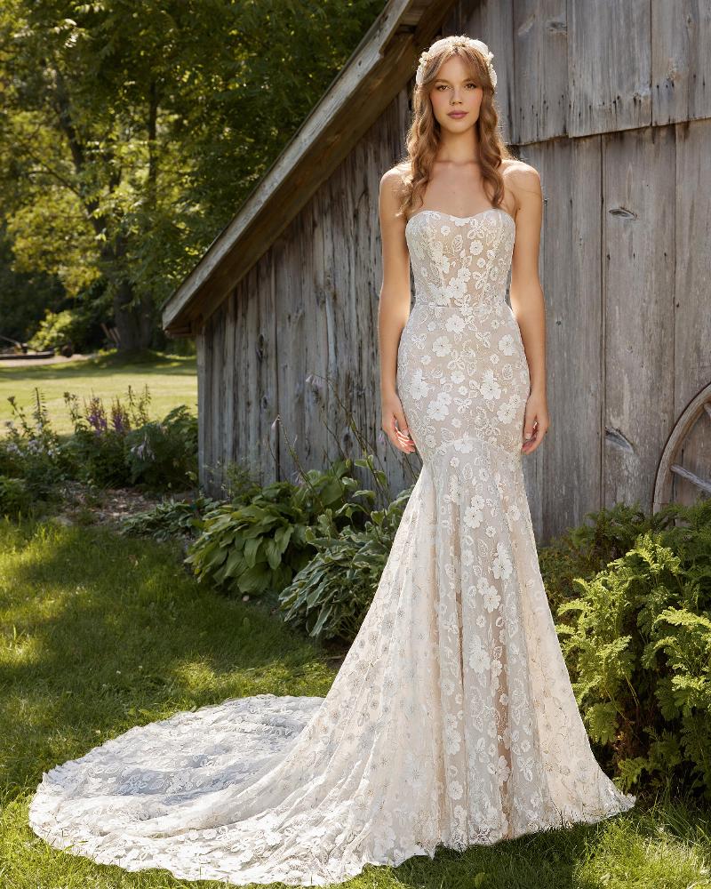 Lp2205 strapless or long sleeve boho wedding dress with lace3
